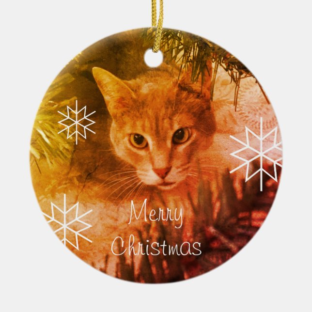 Adorno De Cerámica Feliz Navidad Tabby Cat Snowflakes (Frente)