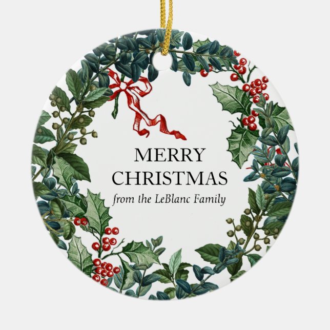 Adorno De Cerámica Feliz Navidad Wreath personalizada Red Bow Green (Frente)