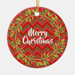 Adorno De Cerámica Feliz Navidad Wreath y Chevron Retro