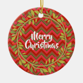 Adorno De Cerámica Feliz Navidad Wreath y Chevron Retro