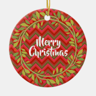 Adorno De Cerámica Feliz Navidad Wreath y Chevron Retro
