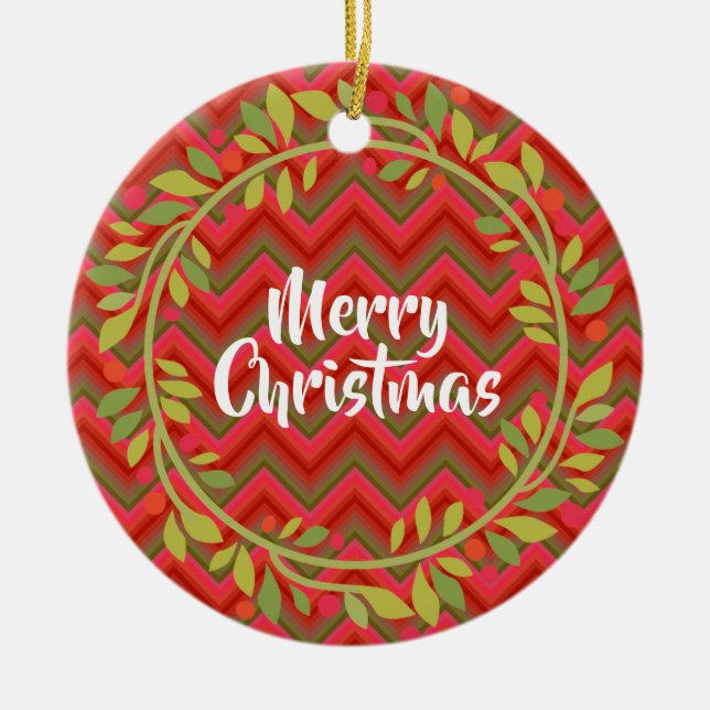 Adorno De Cerámica Feliz Navidad Wreath y Chevron Retro (Frente)