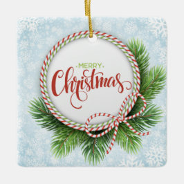 Adorno De Cerámica Feliz Navidad Wreath y copos de nieve