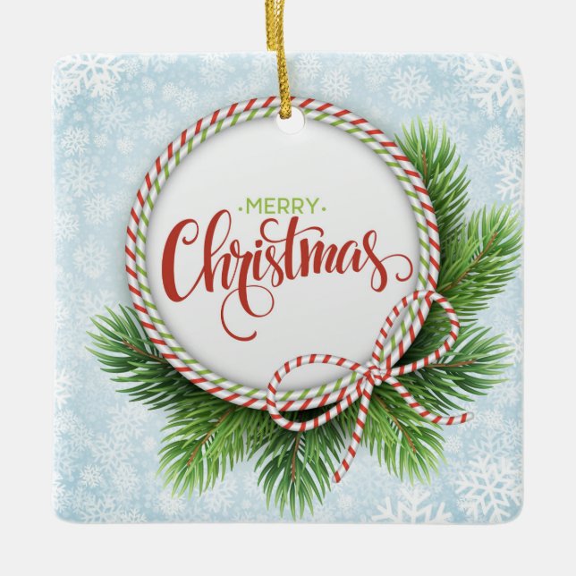 Adorno De Cerámica Feliz Navidad Wreath y copos de nieve (Anverso)