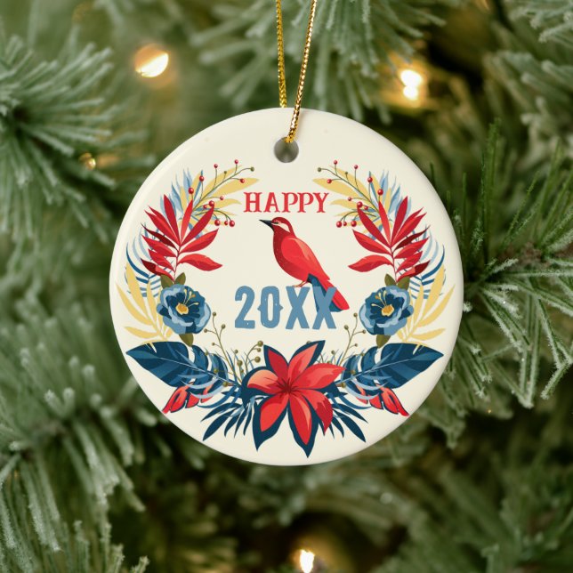 Adorno De Cerámica Feliz Navidad y Feliz Año Nuevo. 2025 Pájaro Rojo (Árbol)