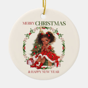Adorno De Cerámica Feliz Navidad y Feliz Año Nuevo Chica Negro