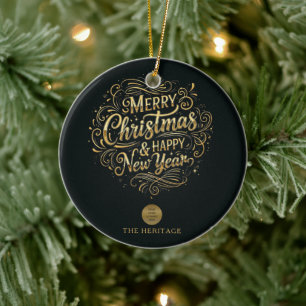 Adorno De Cerámica Feliz Navidad y Feliz Año Nuevo en negro y oro