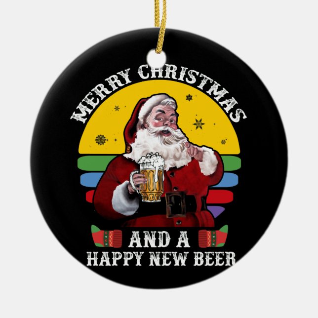 Adorno De Cerámica Feliz Navidad Y Feliz Nueva Cerveza Santa (Frente)