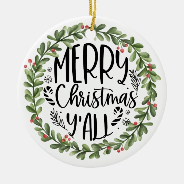 Adorno De Cerámica Feliz Navidad Y'all Watercolor Wreath (Frente)