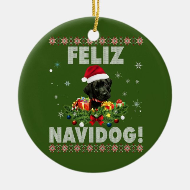 Adorno De Cerámica Feliz Navidog Black Labrador Dog Ugly Sweater (Frente)