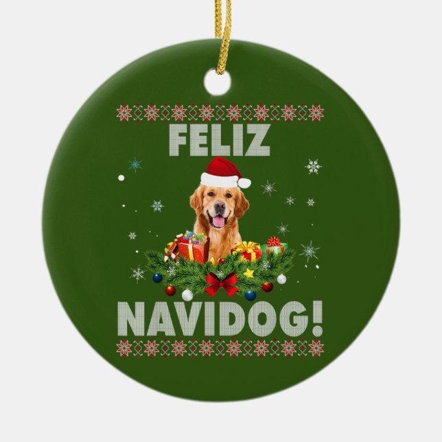 Adorno De Cerámica Feliz Navidog Golden Retriever Dog Ugly Sweater (Frente)