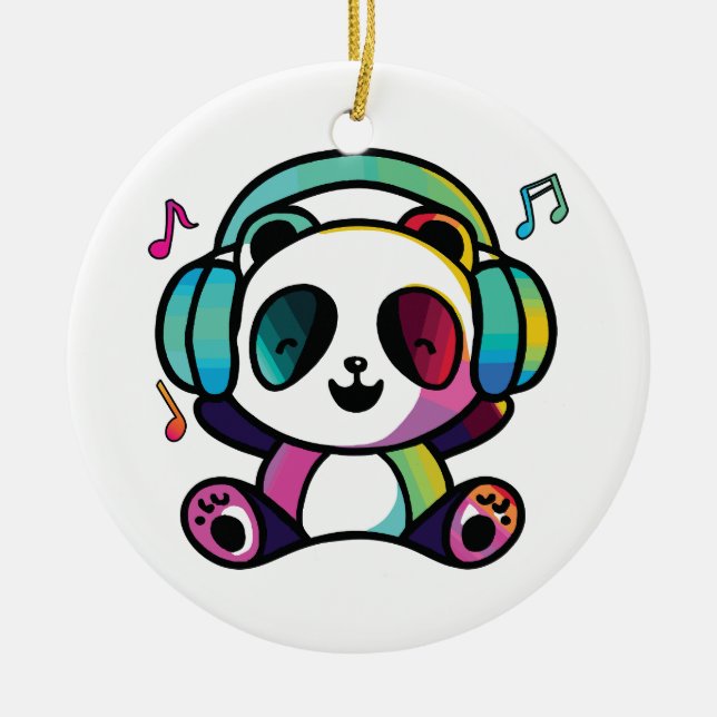 Adorno De Cerámica Feliz Panda con auriculares escuchando música. (Frente)