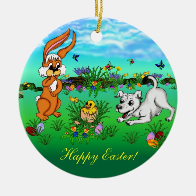 Adorno De Cerámica ¡Feliz Pascua! Conejo, pollo y cachorro (Frente)