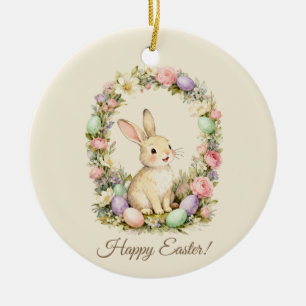 Adorno De Cerámica Feliz Pascua Conejo Vintage Floral Corona