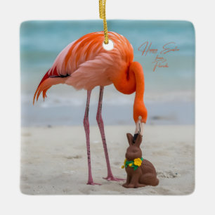 Adorno De Cerámica Feliz Pascua de Florida Flamingo en la Playa