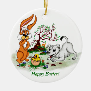 Adorno De Cerámica ¡Feliz Pascua! Welpe, Küken, Hase