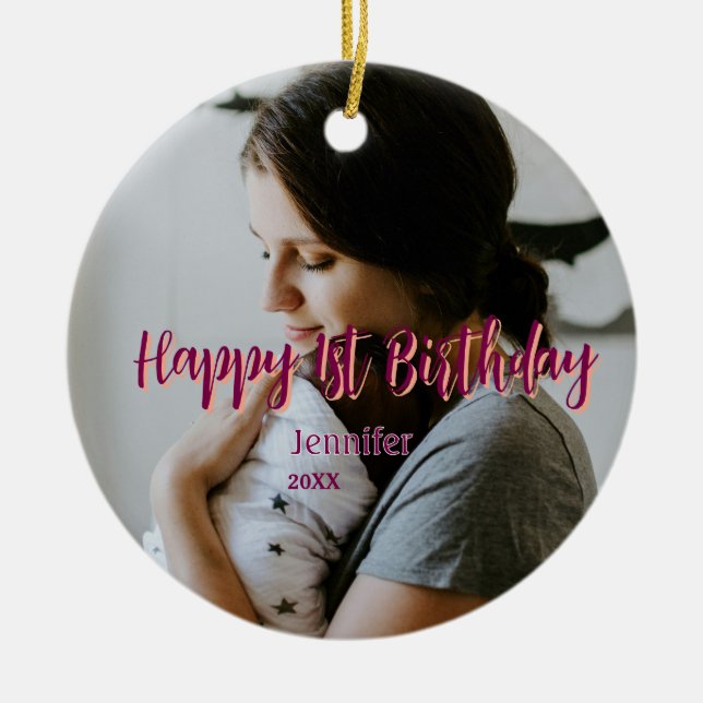 Adorno De Cerámica Feliz primer cumpleaños niños bebé madre naranja r (Frente)