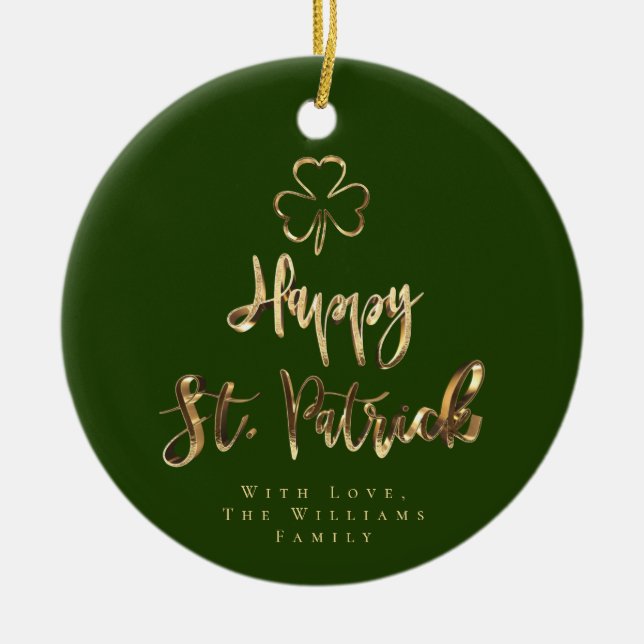 Adorno De Cerámica Feliz San Patrick Shamrock Clover Elegante Verde (Frente)