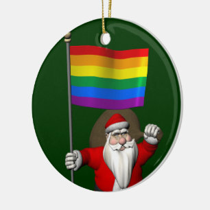 Adorno De Cerámica Feliz Santa Claus con bandera arcoiris