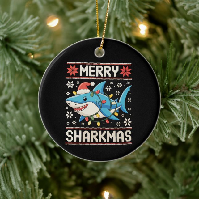 Adorno De Cerámica Feliz Sharkmas Navidades de tiburón luces de Navid (Árbol)