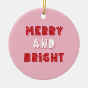 Adorno De Cerámica Feliz y brillante, Feliz Navidad, Navidades, rosa