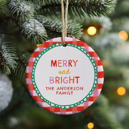 Adorno De Cerámica Feliz y brillante Personalizado Holiday Red & Pink