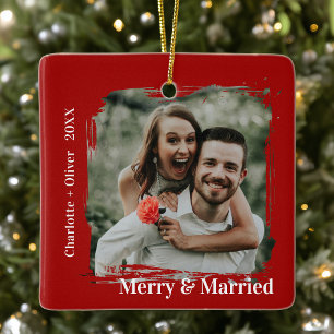 Adorno De Cerámica Feliz y Casado Rojo Primer Navidad
