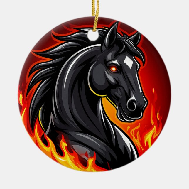 Adorno De Cerámica Feroe Ilustracion negro de caballos con ojos brill (Frente)