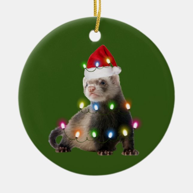 Adorno De Cerámica Ferret Con Navidades De Luces Gorras (Frente)
