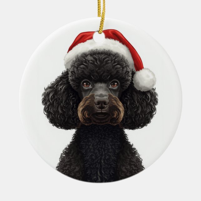 Adorno De Cerámica Festive Black Poodle Dog in Santa Hat Illustration (Frente)