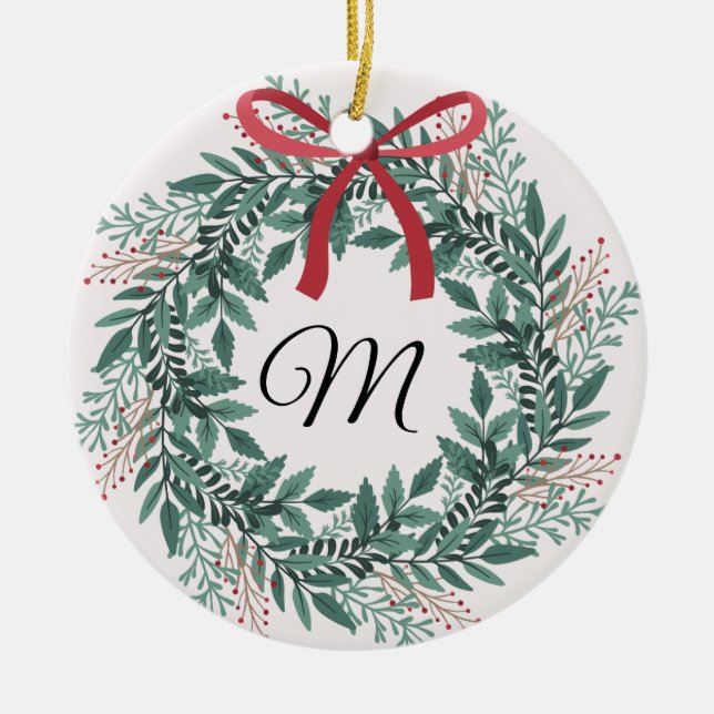 Adorno De Cerámica Festive Christmas Wreath Custom Initial and Photo (Frente)