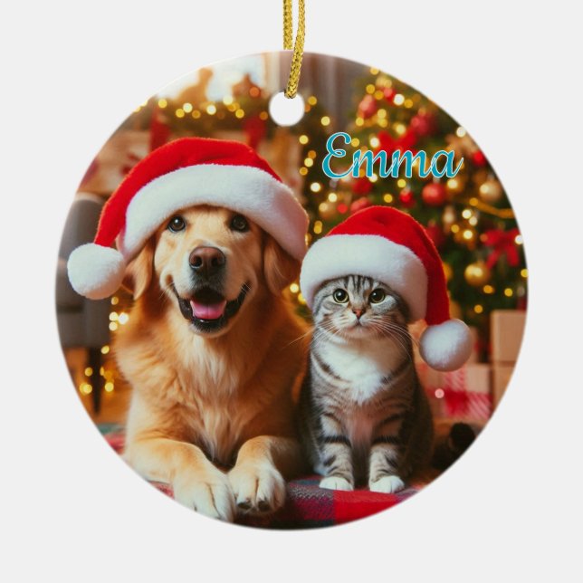Adorno De Cerámica Festive Dog and Cat Christmas (Frente)