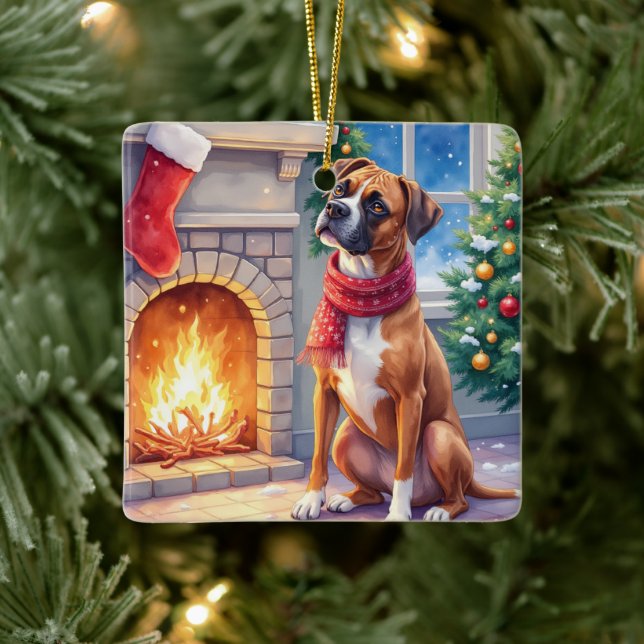 Adorno De Cerámica Festive Fireplace Boxer Christmas Art (Árbol)