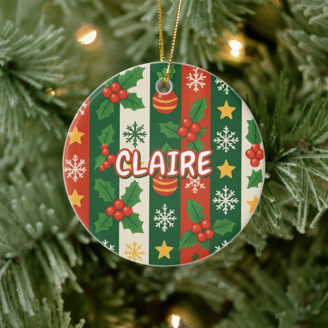 Adorno De Cerámica Festividad clásica Estrellas de rayas verdes rojas (Árbol)