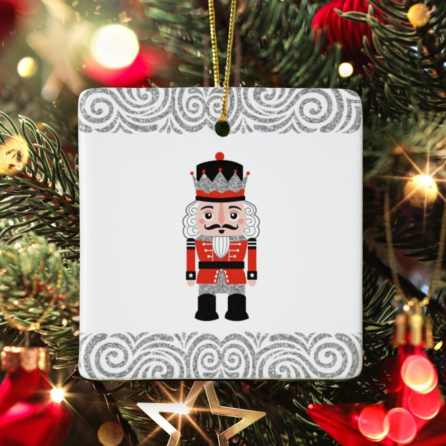 Adorno De Cerámica Festividad de los Navidades de los cazadores nulís (An elegant red and silver nutcracker Christmas Ornament. Put a family photo on the back.)