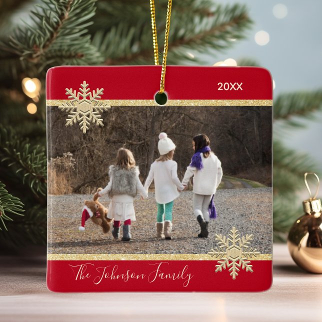 Adorno De Cerámica Festividad de los Navidades Keepsake con la nieve  (PHOTO Gold Red Snow Keepsake Christmas Holiday Ceramic Ornament)