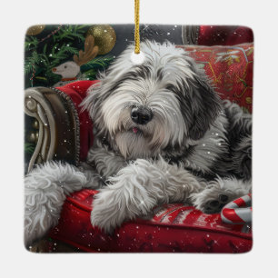 Adorno De Cerámica Festividad de Navidades de Sheepdog ingleses viejo