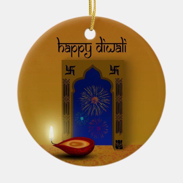Adorno De Cerámica Festividad feliz Diwali fuegos artificiales - Orna (Frente)