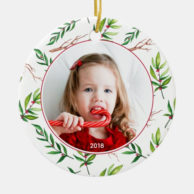 Adorno De Cerámica Festividad fotográfica del patrón Red Holly (Frente)