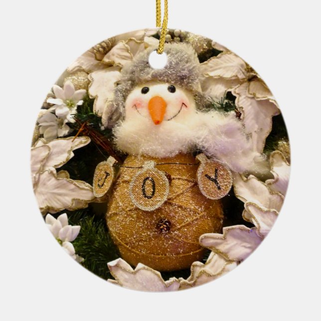 Adorno De Cerámica Festividad Rustic Burlap Snowman Poinsettia (Frente)