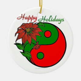 Adorno De Cerámica Festividad Yin Yang Poinsettia Verde Rojo
