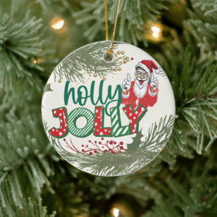 Adorno De Cerámica Festividades, Holly Jolly Santa Navidades