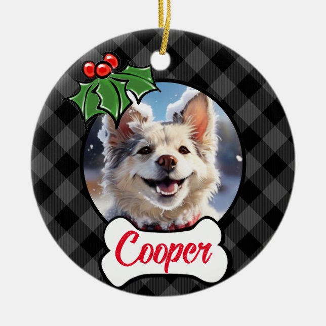 Adorno De Cerámica Festividades vacaciones grises Plaid Holly berries (Frente)