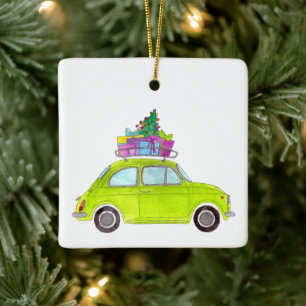 Adorno De Cerámica Fiat verde 500 con Navidades Regalos acuarela