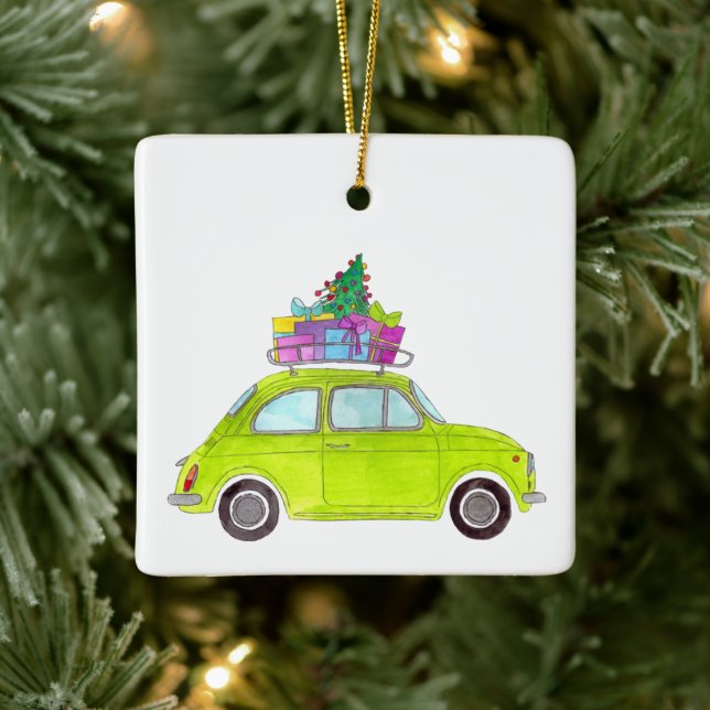 Adorno De Cerámica Fiat verde 500 con Navidades Regalos acuarela (Árbol)