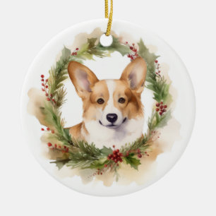 Adorno De Cerámica Fiesta de Corona Navideña de Corgi Perro Festivo