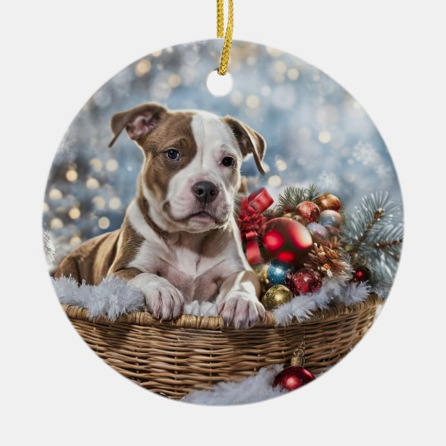 Adorno De Cerámica Fiesta de los Navidades de Pitbull Puppy Dog (Frente)