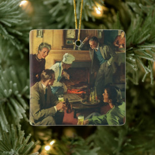 Adorno De Cerámica Fiesta Familiar Vintage, Asando Bistecs y Bebiendo