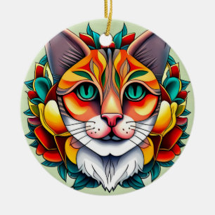 Adorno De Cerámica Fiesta Feline: Gato mexicano de estilo folk
