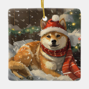 Adorno De Cerámica Fiesta Navideña del Perro Shiba Inu